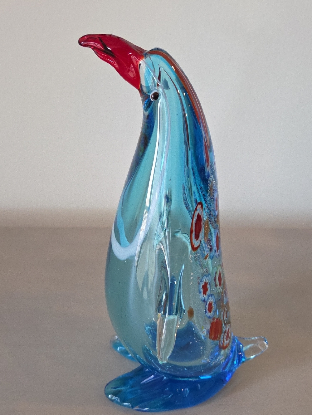 Murano Glass Handblown Glass Penguin Figurine - Blue with Red Beak